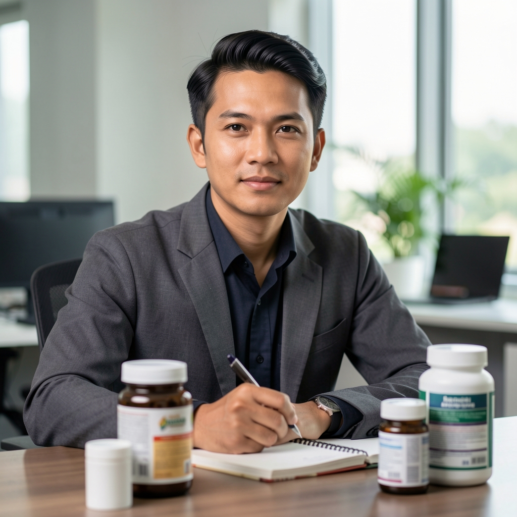 Editorial portrait of a man at a desk with supplement containers and a notebook, soft natural light, Jakarta office setting