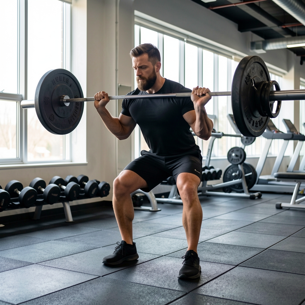Resistance training in a gym, man performing a set of barbell exercises, natural light from a window, editorial composition