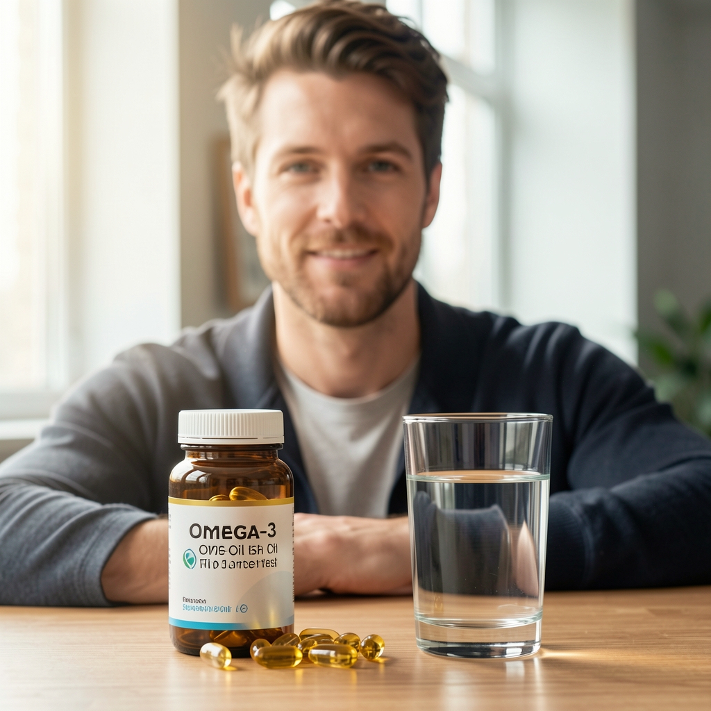 Omega-3 fish oil portions and a glass of water beside a men's journal notebook, morning light editorial
