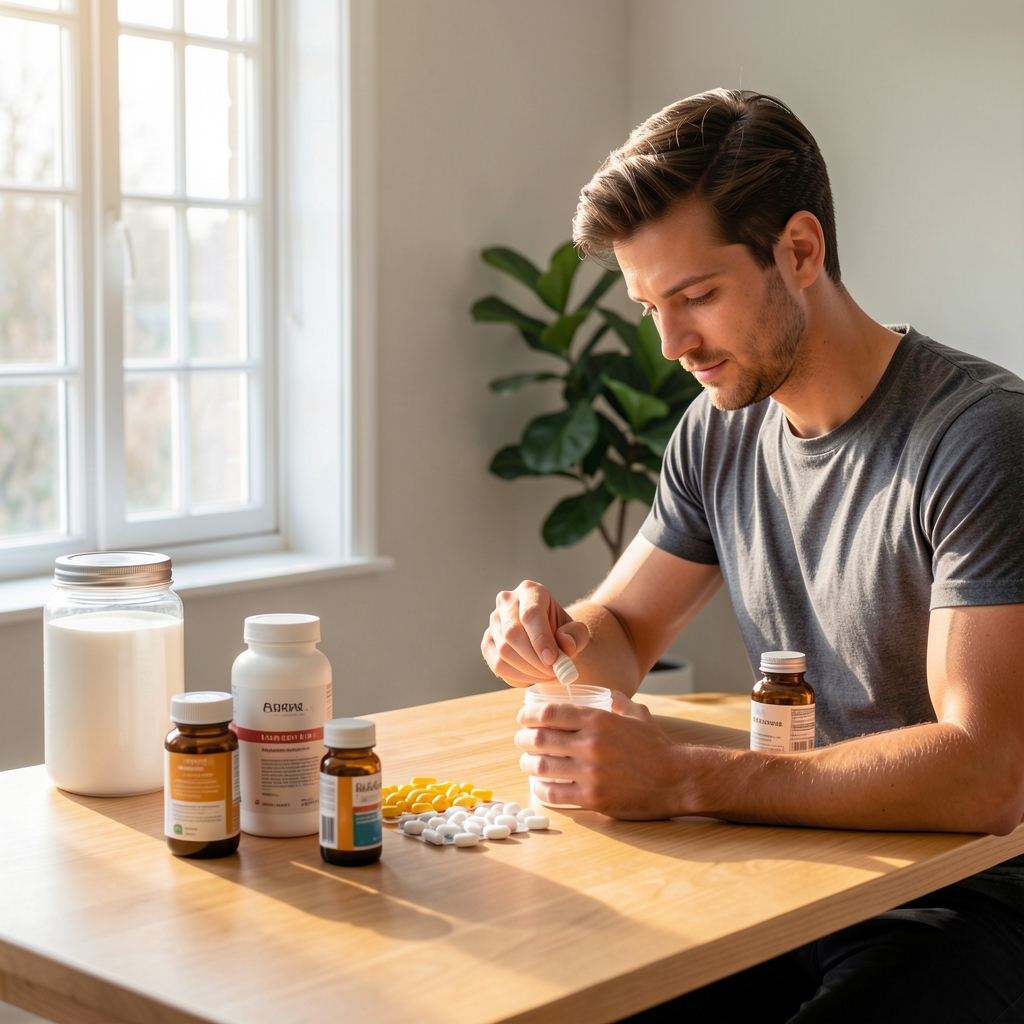 Man preparing his morning supplement routine on a clean wooden desk with natural light streaming through a window
